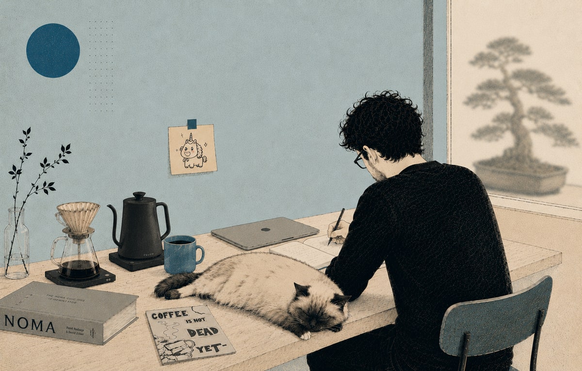 Mario di spalle mentre scrive alla scrivania, con caffè, gatto e bonsai fuori dalla finestra.