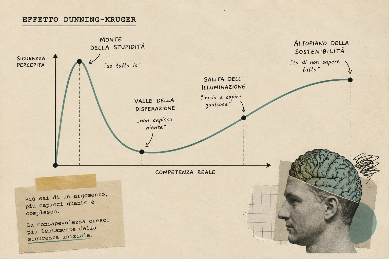 Collage sull'effetto Dunning-Kruger con una figura seduta sopra una testa, una scala e una corona disegnata come simbolo di falsa sicurezza